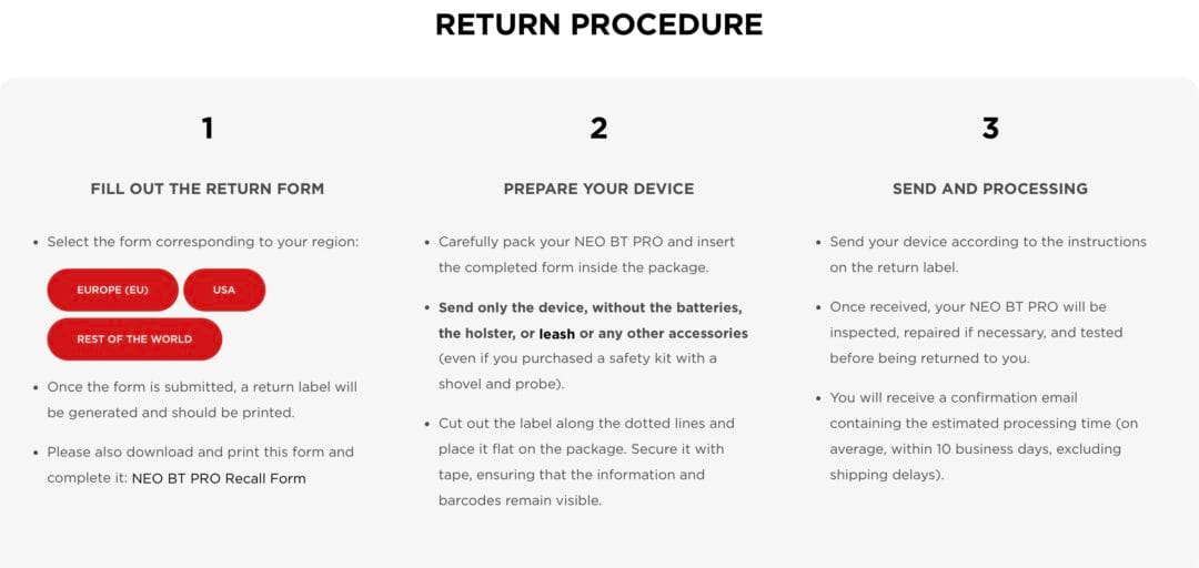 Screengrab of return procedures from ARVA.